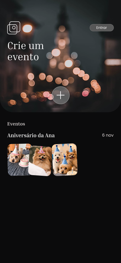 Tela inicial do app Moments para criar um evento