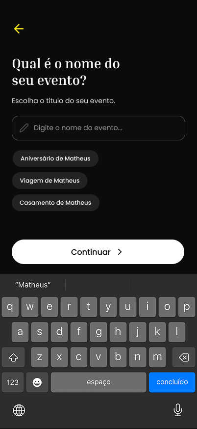 Tela para nomear o evento no app Moments